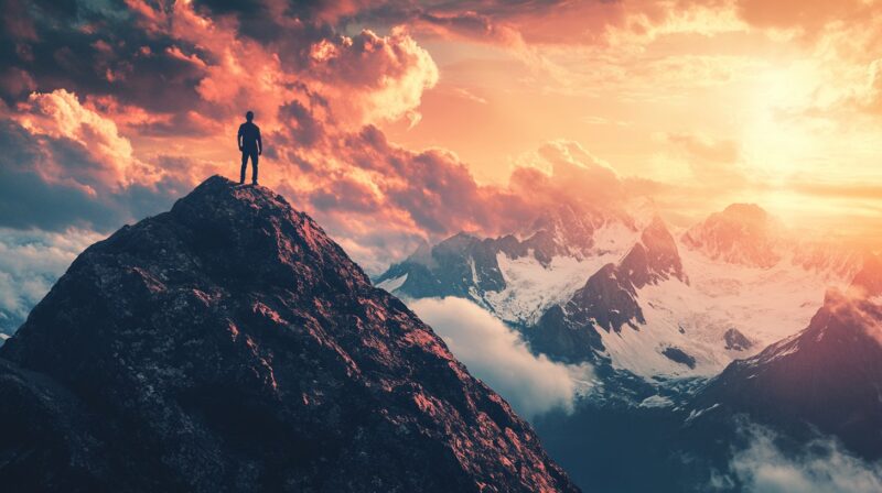 A lone hiker stands on a mountain peak, overlooking a breathtaking view of snow-covered mountains and dramatic clouds during a vibrant sunset, symbolizing achievement and adventure