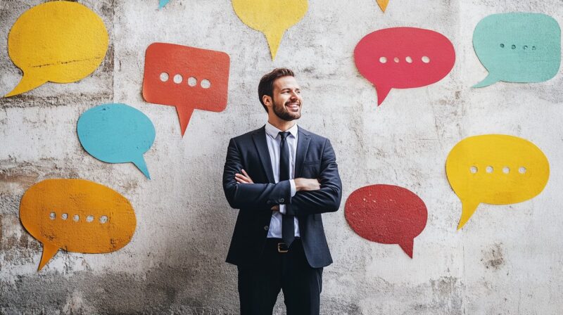 Smiling man in a business suit stands confidently with his arms crossed in front of a wall decorated with colorful speech bubbles in yellow, blue, and red