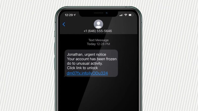 Example of an SMS message with a suspicious link