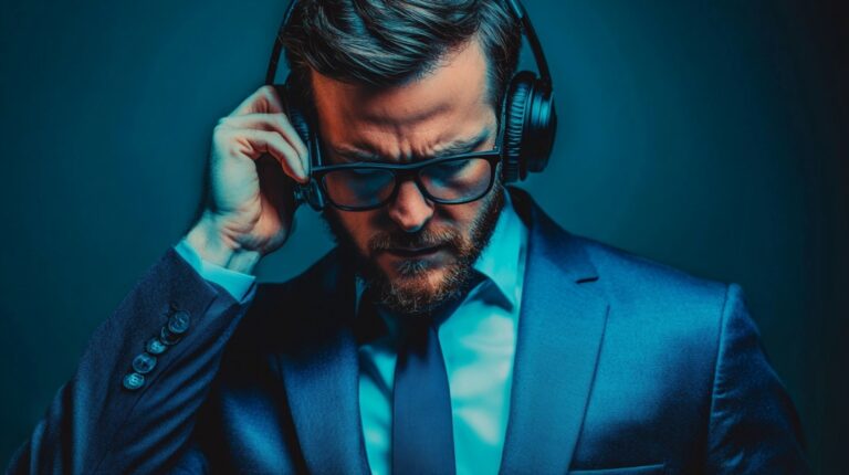 A focused businessman in a suit wearing headphones, listening intently, symbolizing learning and self-improvement through business podcasts