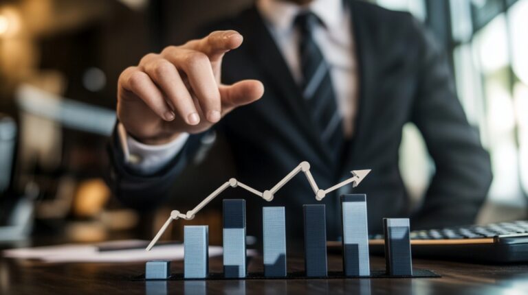 A businessman in a suit pointing at a rising bar graph with an upward trend, symbolizing business growth and financial success