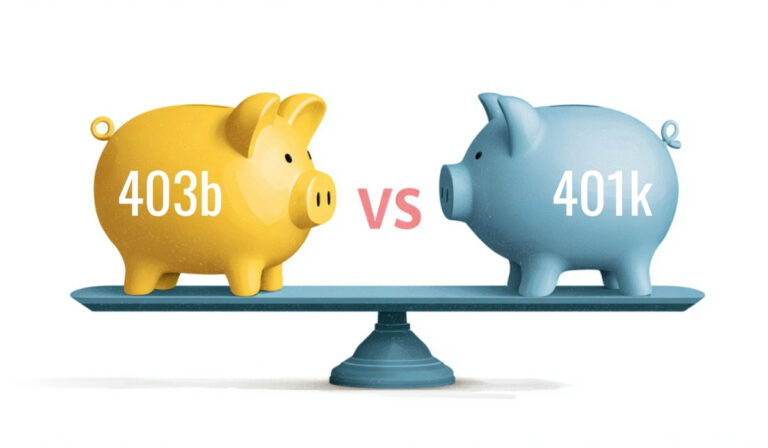Yellow and blue piggy banks labeled 403b and 401k balanced on a seesaw
