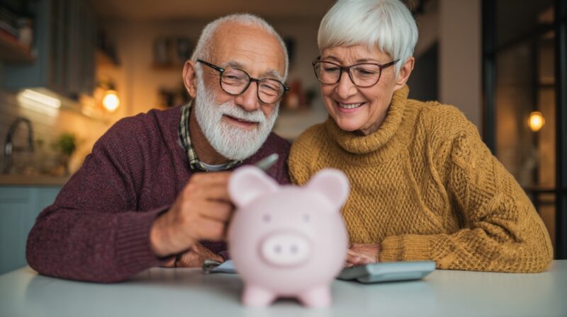 Smiling senior couple putting a coin into a pink piggy bank at home