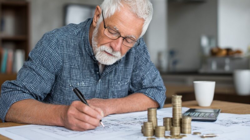 Senior man calculating finances with stacked coins, papers, and a calculator