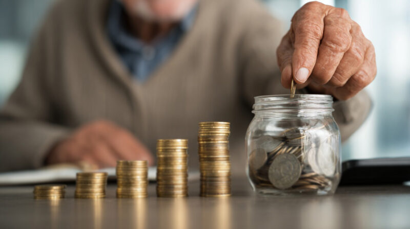 A senior person's hand drops a coin into a glass jar filled with money, next to several stacks of coins of increasing height