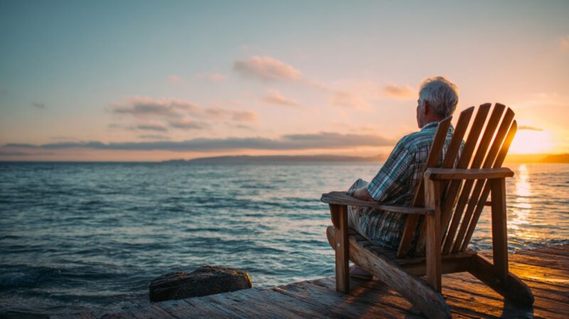 Elderly man sitting on a wooden chair by the water at sunset, reflecting