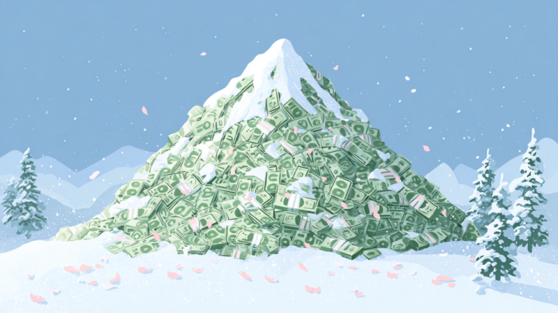 A snow-covered mountain made of cash shows the debt avalanche method