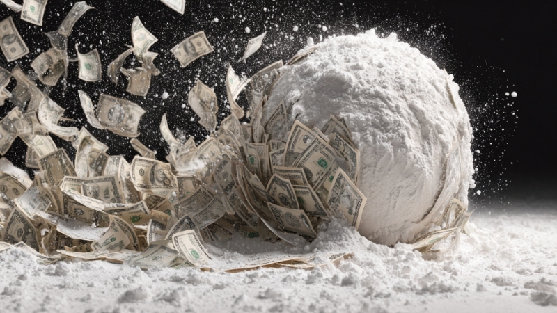 A giant snowball made of cash rolls forward, showing the idea of debt snowball vs debt avalanche payoff strategies