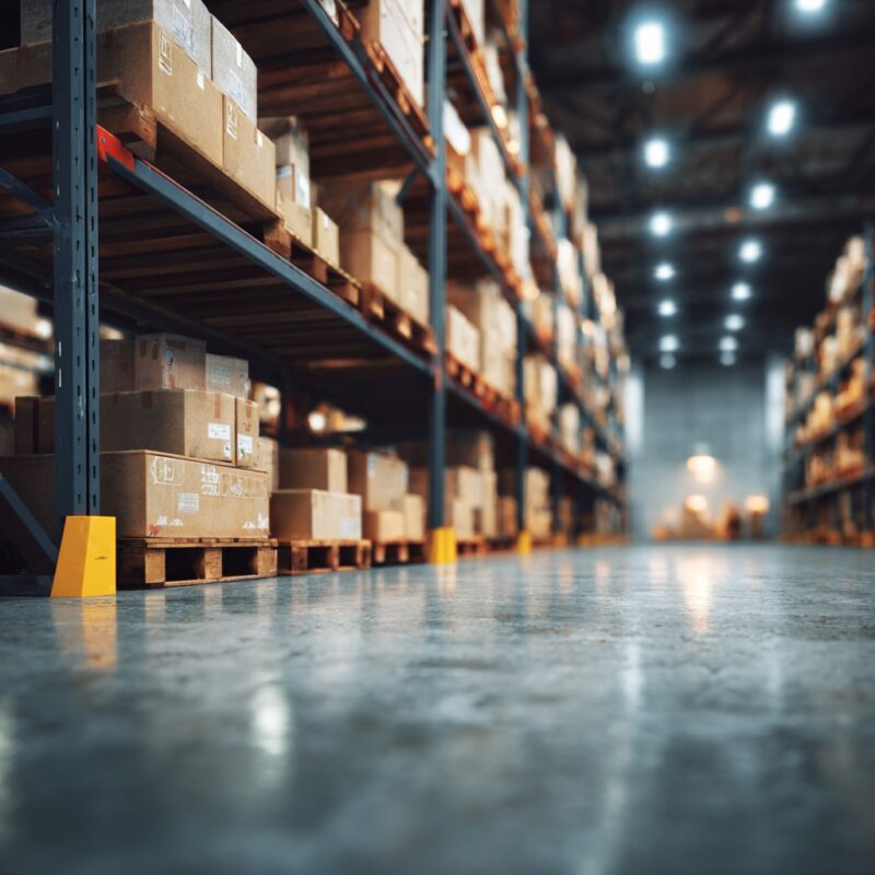 Warehouse shelves stacked with packages, symbolizing reliable prep centers for Amazon sellers