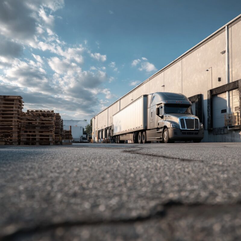 A truck parked outside a fulfillment center, representing tax-free fulfillment and higher Amazon profit margins