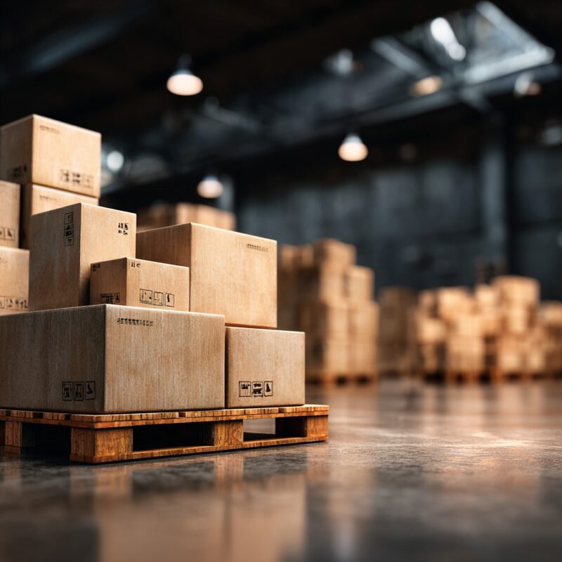 Stacked cardboard boxes on pallets inside a warehouse, emphasizing why tax-free fulfillment matters for Amazon sellers