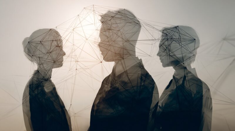 Silhouettes of business professionals connected by abstract network lines.