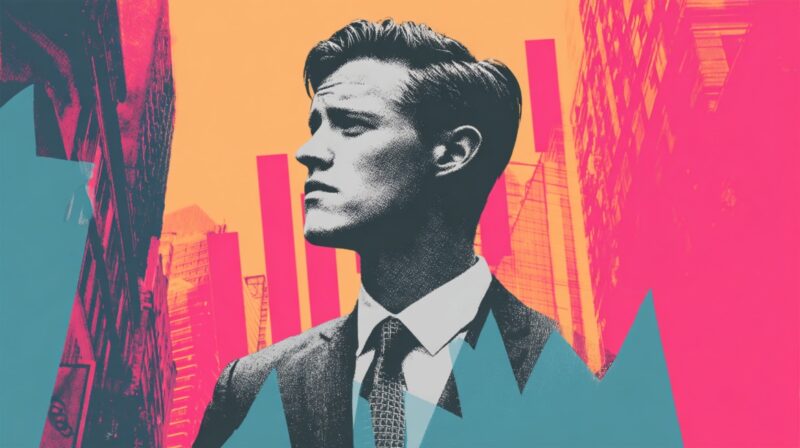 Stylized portrait of a businessman with financial chart graphics and a city background.