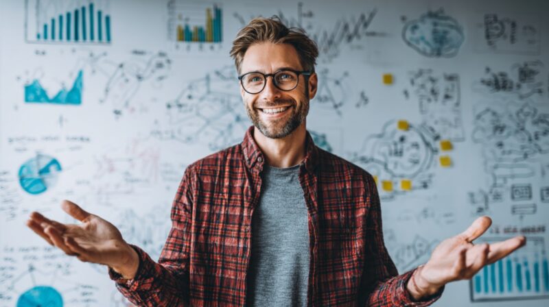 Smiling man standing in front of charts and business diagrams on a whiteboard.