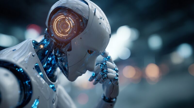 Futuristic humanoid robot with glowing blue details in a thoughtful pose.